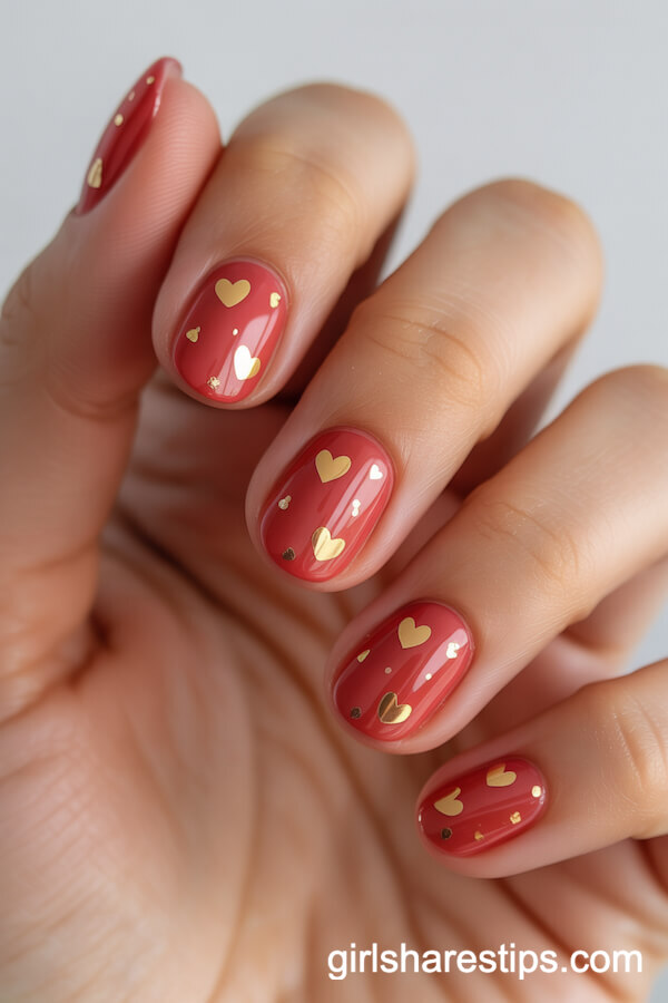 Short Oval Red Nails with Cute Gold Heart Designs