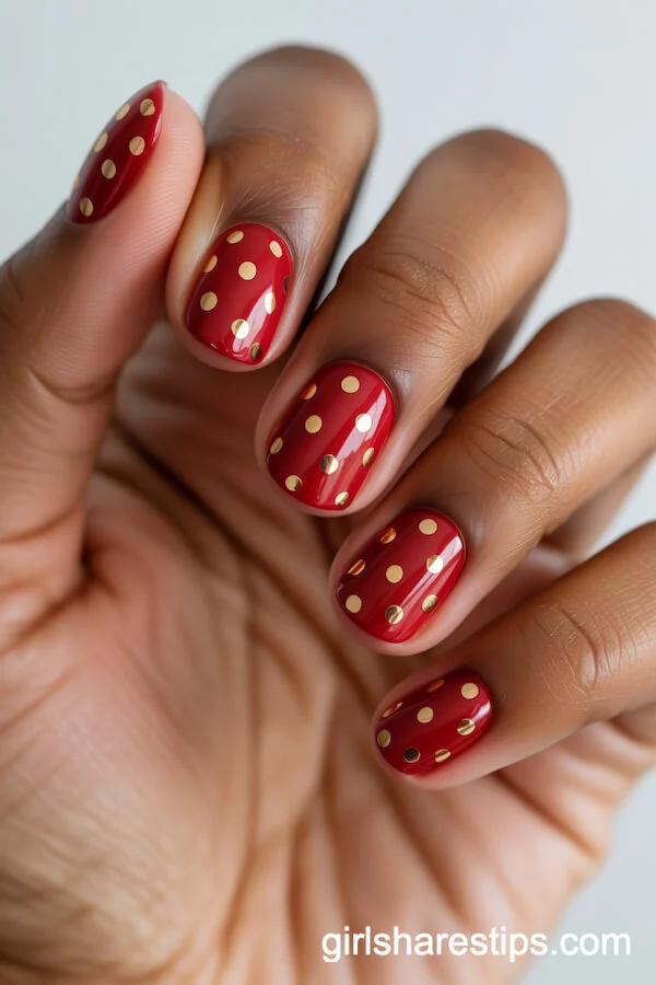 Glossy Red Round Nails with Gold Polka Dot Accents