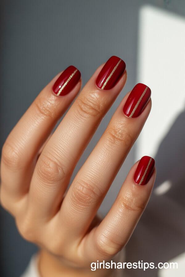 Short Square Red Nails with Thin Gold Stripes
