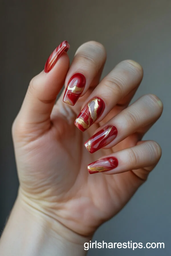 Coffin Nails Featuring Red and Gold Marble Designs