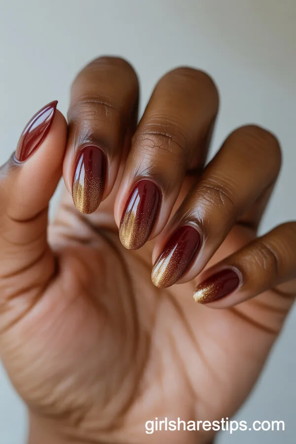Oval Burgundy to Gold Ombre Nails