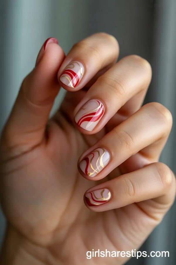 Red Abstract Swirl Nails with Gold Artistic Lines