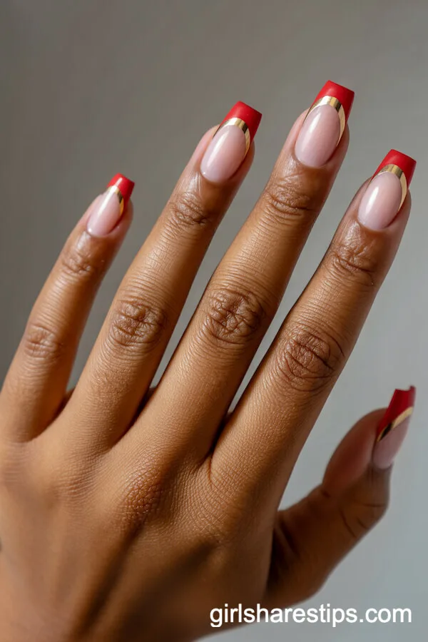 Squoval Nails with Red and Gold Geometric French Tips