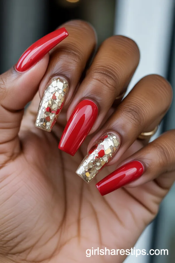 Long Coffin Red Nails with Chunky Gold Glitter Accents