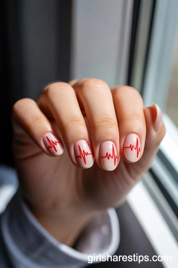 Heartbeat Line Minimalist Red and White Nails