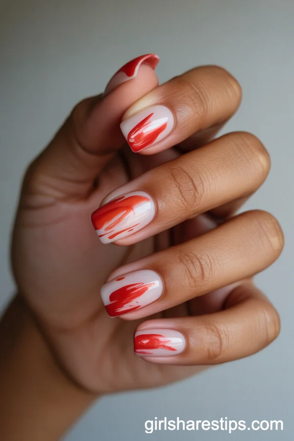 Abstract Red Splash Art on White Square Nails