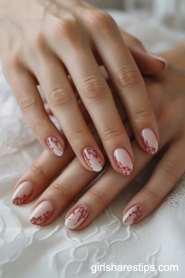 Intricate Red Lace on Sheer White Oval Nails