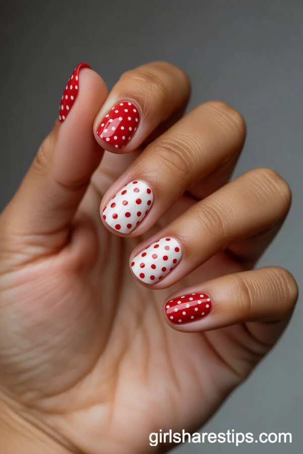 Red and White Polka Dot Short Round Nails