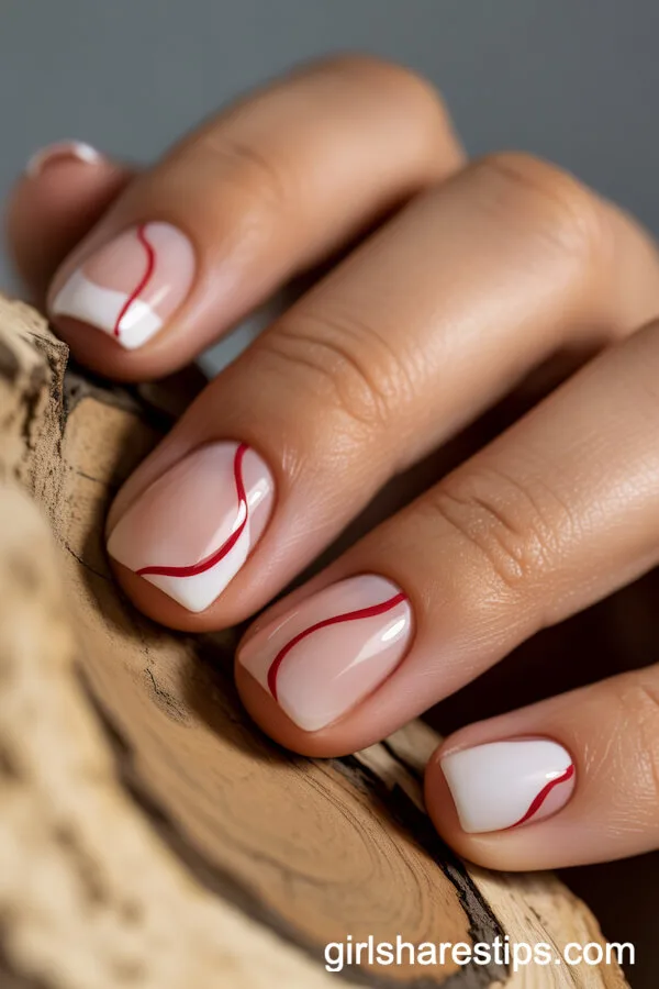 Matte White Square Nails with Red Accent Lines