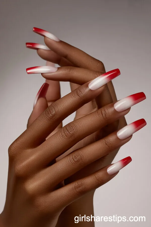 Velvet Ombre Red-to-White Coffin Nails