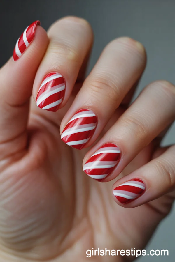 Festive Red and White Candy Cane Stripe Nails
