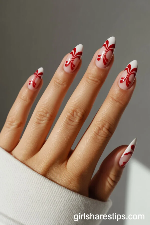 Art Nouveau Red Scrolls on White Almond Nails