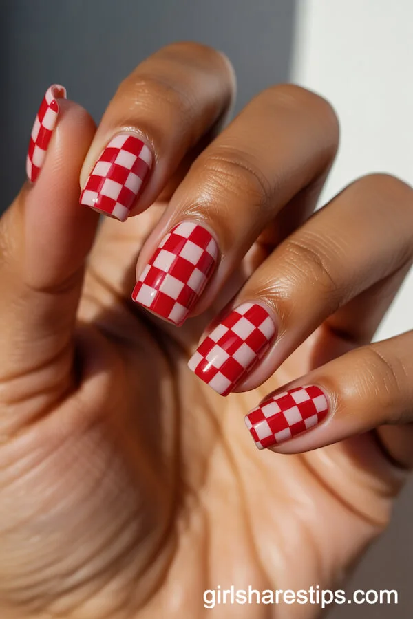 Red and White Checkerboard Pattern Square Nails