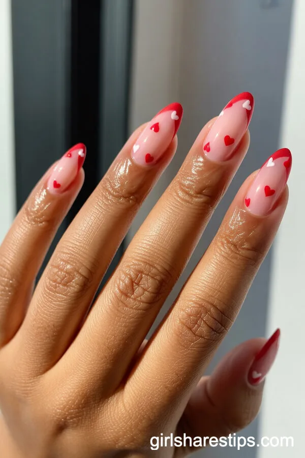 Pink-to-Red Gradient Almond Nails with White Hearts