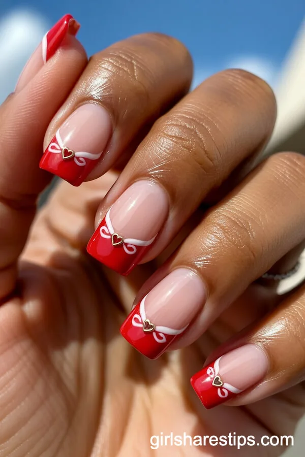 Glossy Red French Tips with White Ribbon Charms