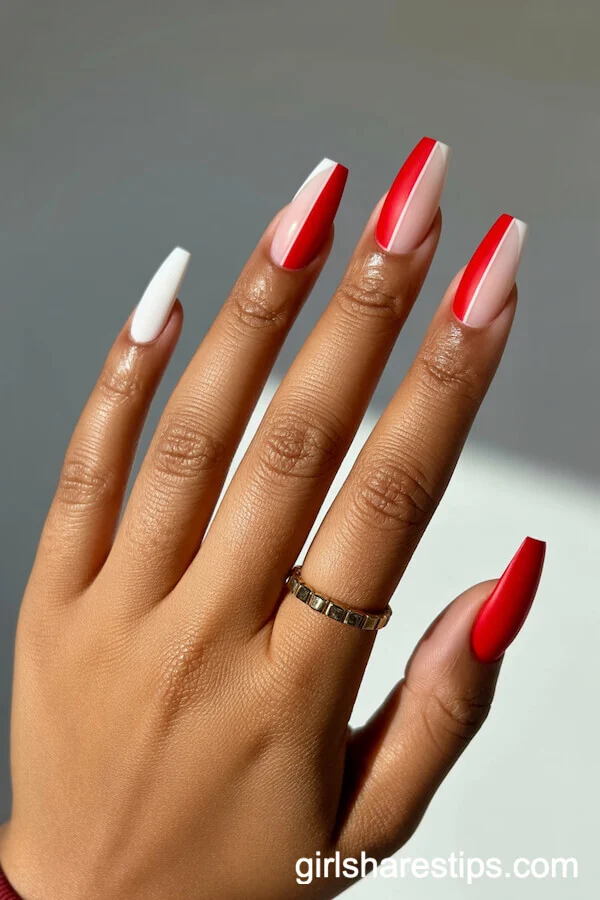 Matte Diagonal Split Red and White Coffin Nails