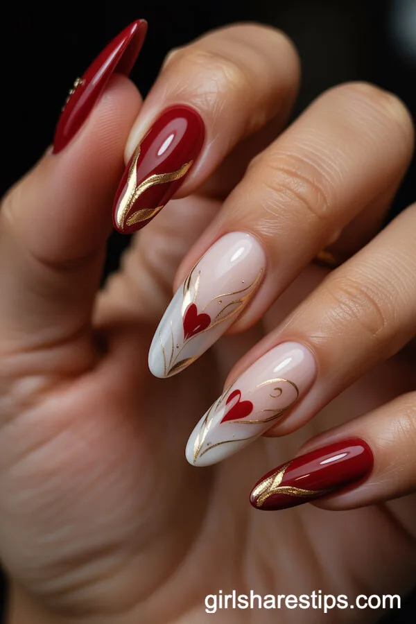 Deep Red and Creamy White Almond Nails with Gold Foil