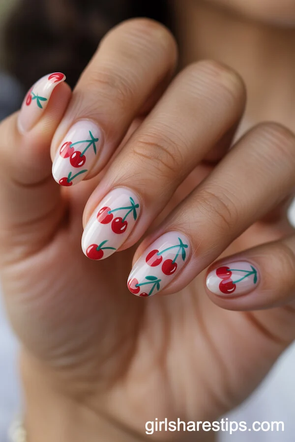 Hand-Painted Red Cherry Almond Nails on Glossy White