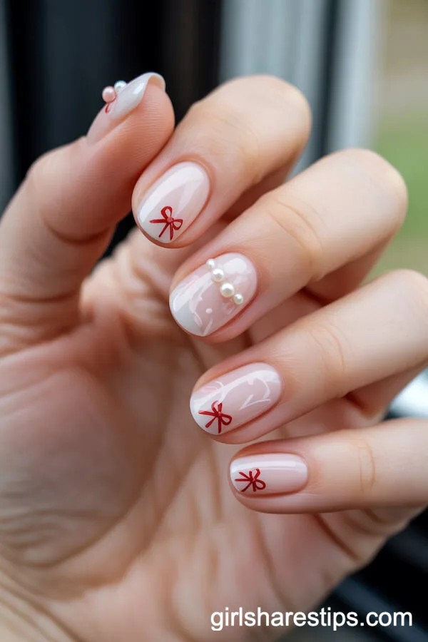 Coquette-Style Bows and Pearls Red and White Nails