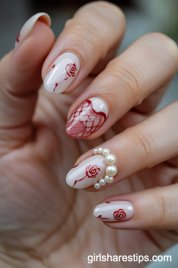 Vintage Lace and Rose Motif White Oval Nails with Pearls