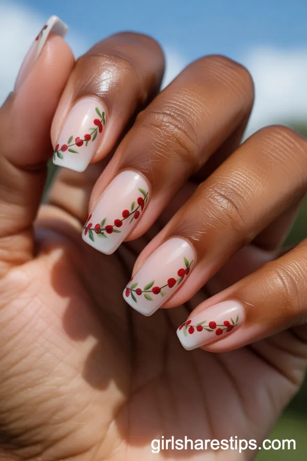 Delicate Red Floral Garlands on White Ballerina Nails