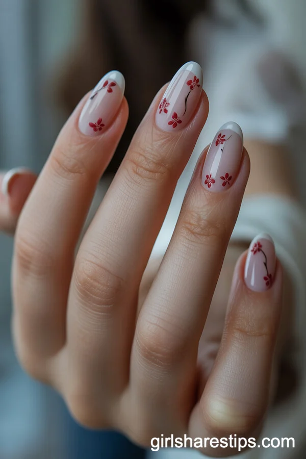 Cherry Blossom Accented White Oval Nails