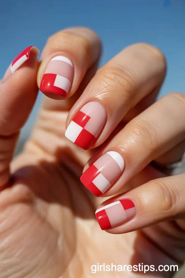 Geometric Blocked Red and White Square Nails