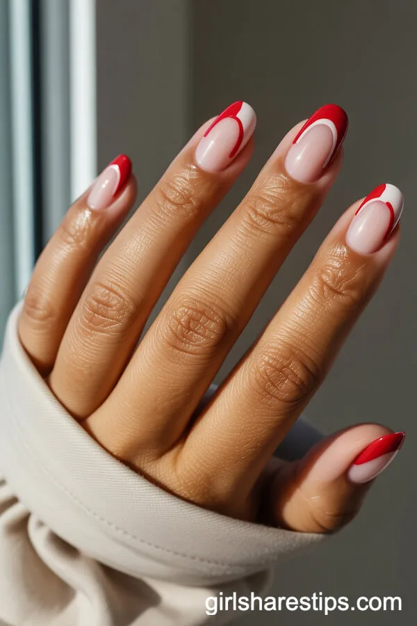 Negative Space Red and White Arched Nail Art
