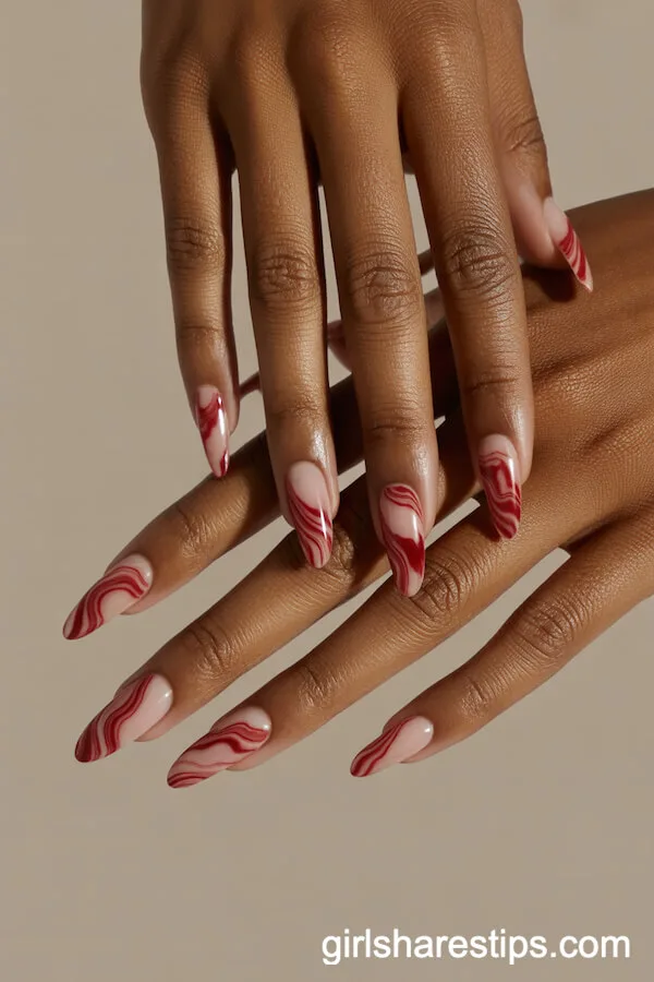 Red and White Marble Swirl Almond Nails