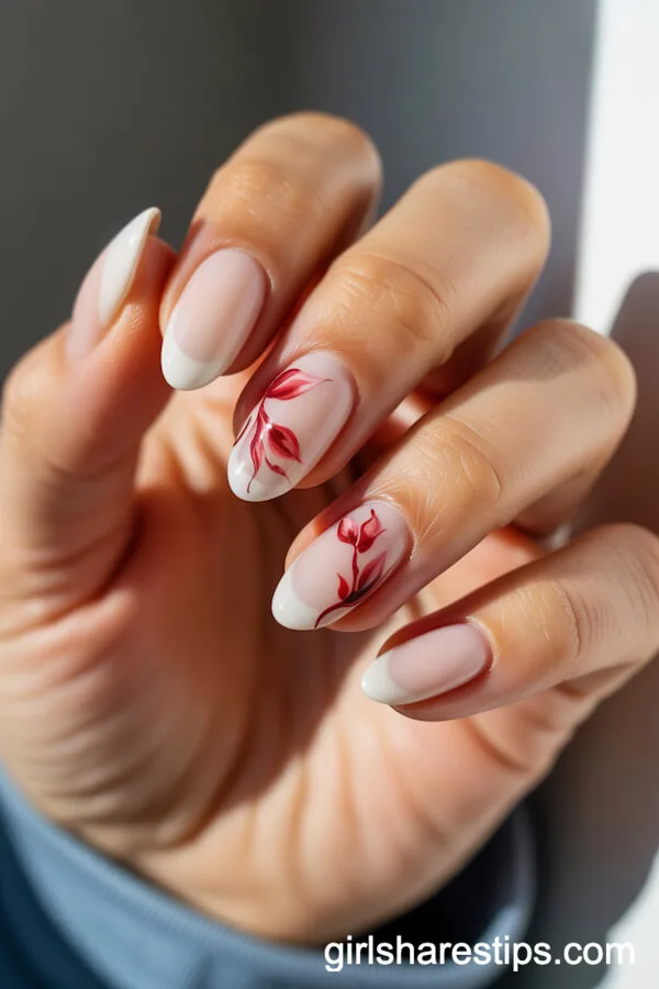 Milky White Almond Nails with Red Florals