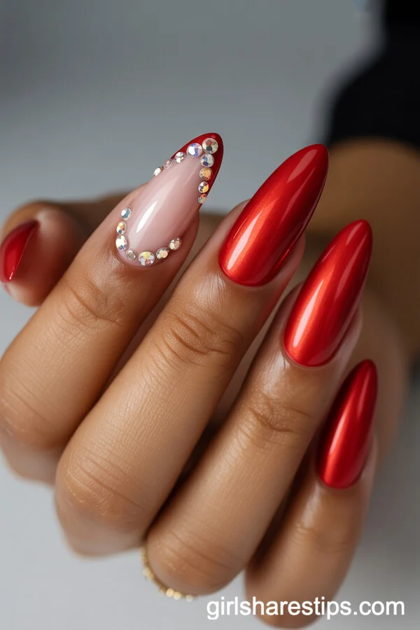 Red Chrome Almond Nails with Crystal Rhinestone Party Accents