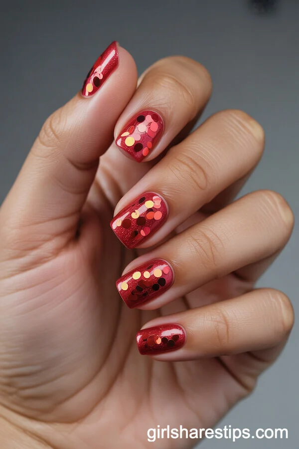 Sparkling Red Square Nails with Holographic Confetti