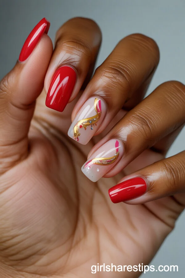 Ballerina Red Nails with Gold and Pink Streamer Art