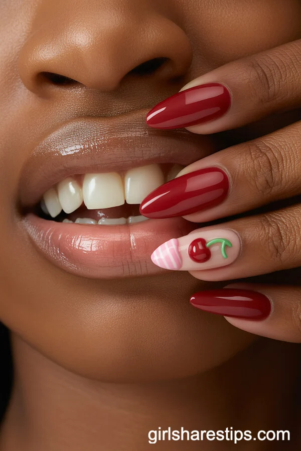 Glossy Deep Red Almond Nails with 3D Cherry and Candy Charms