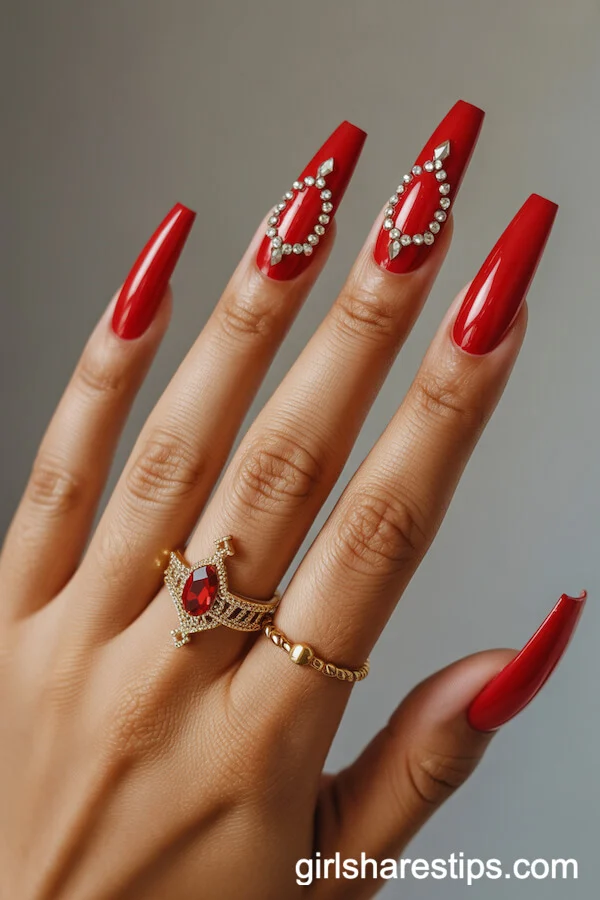 Red Coffin Nails with Crown Jewel Crystal and Gold Embellishments
