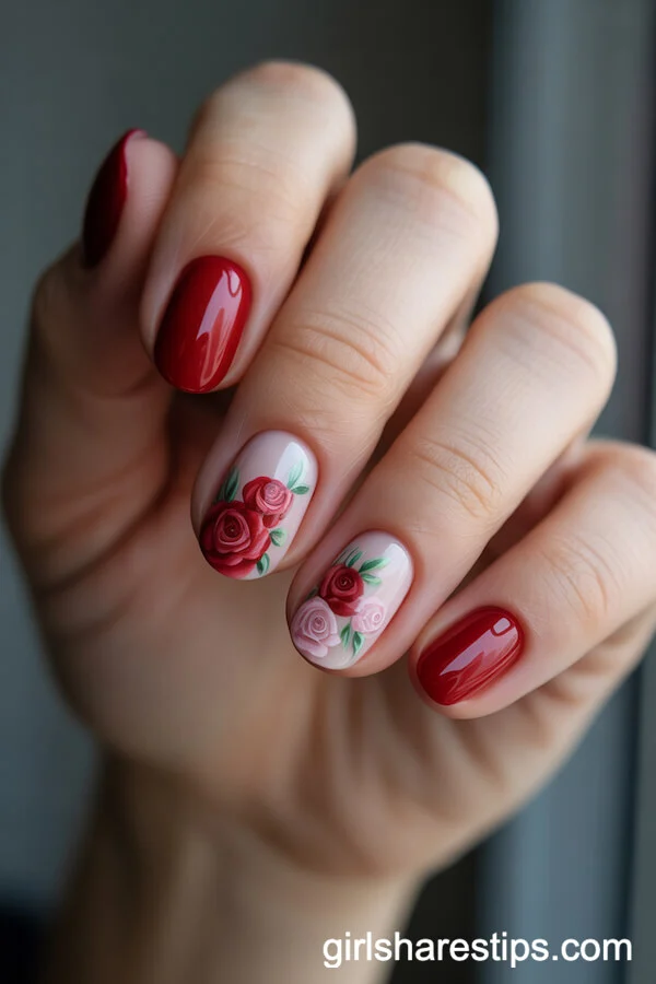 Red Oval Nails with Hand-Painted Pink Rose Floral Art