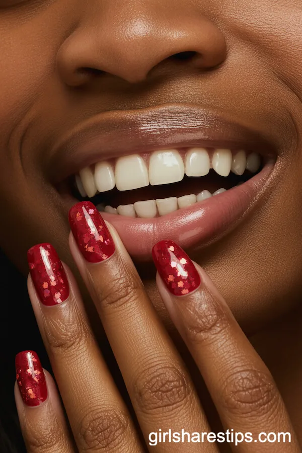 Square Red Nails with Chunky Iridescent Disco Glitter