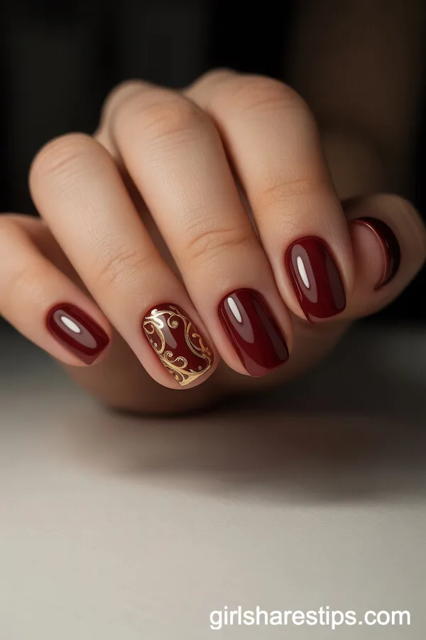 Burgundy Squoval Nails with Intricate Gold Filigree