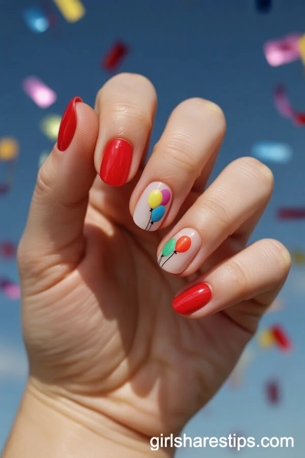 Oval Red Birthday Nails with 3D Balloon Art and Confetti