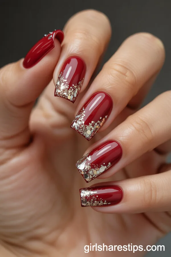 Ballerina Nails with Glitter Drip on Deep Red Base