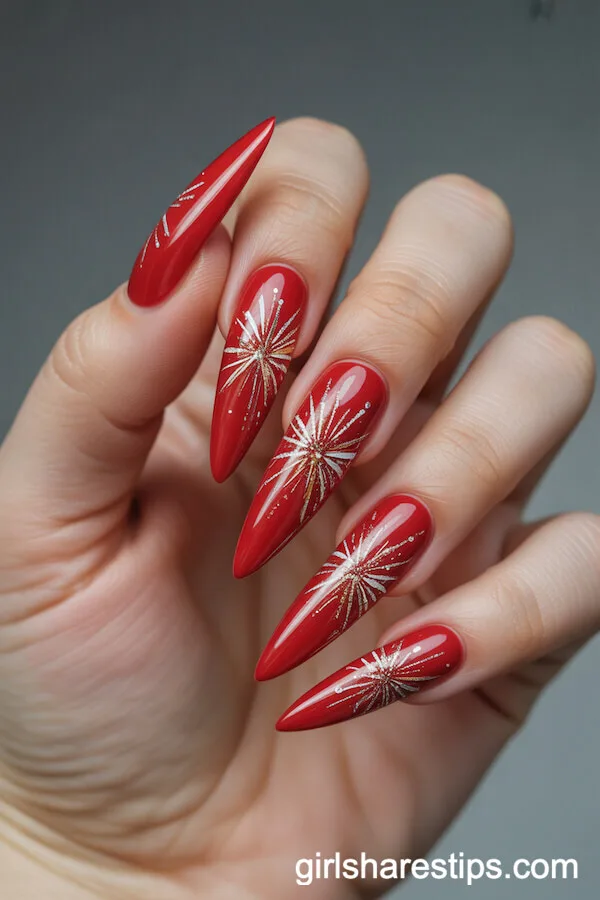 Long Stiletto Cherry Red Nails with Firework Sparkle Art
