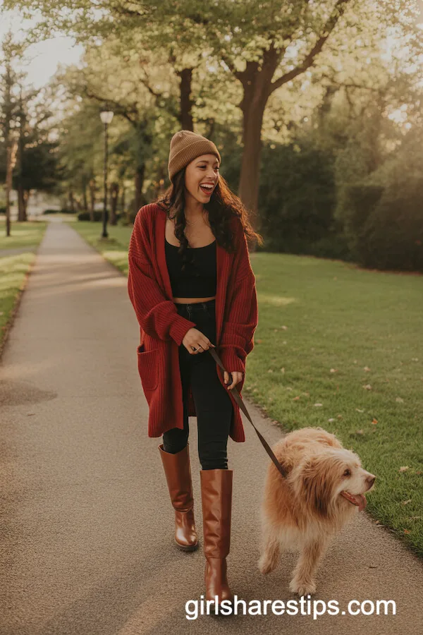 Red Oversized Cardigan with Leggings and Knee-High Boots