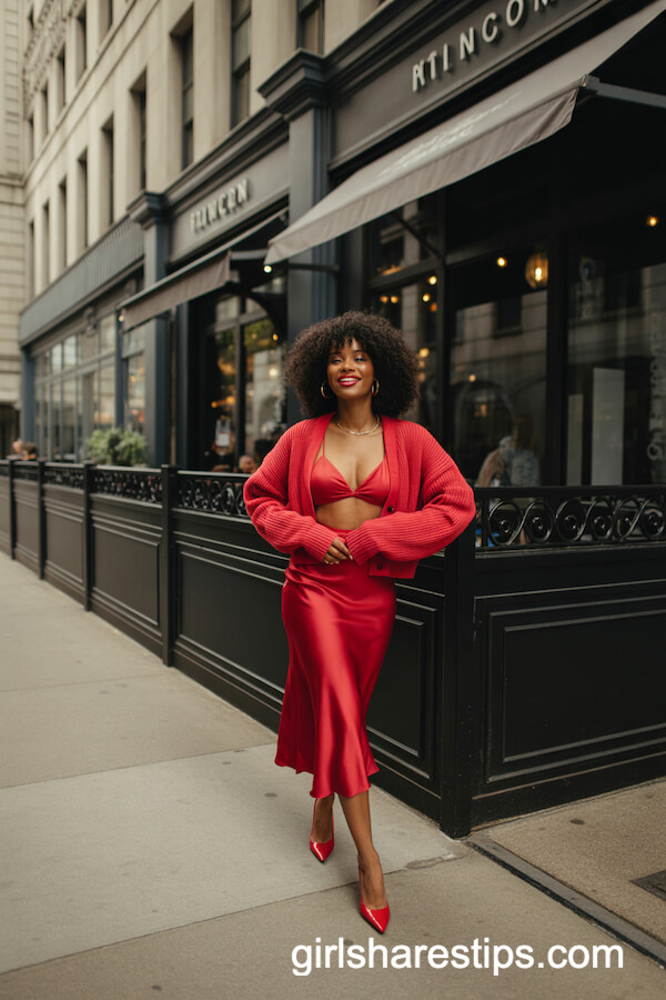 Red Cropped Cardigan with Red Slip Dress