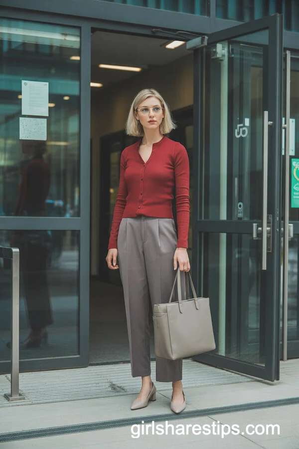 Buttoned Red Cardigan and Gray Trousers Business-Casual