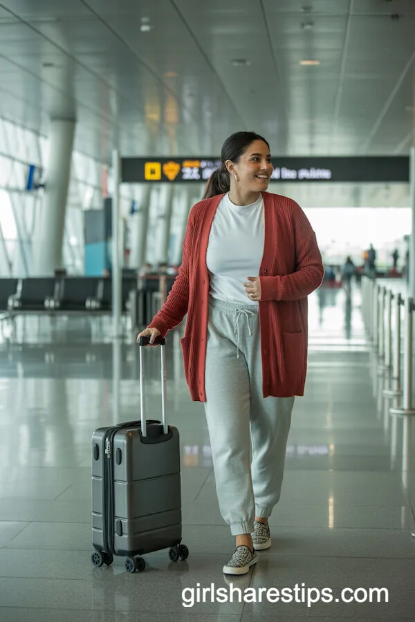 Soft Red Cardigan Joggers Travel Outfit