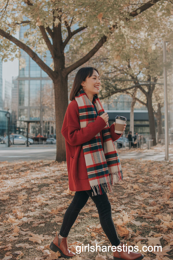 Chunky Red Cardigan with Plaid Scarf and Skinny Jeans
