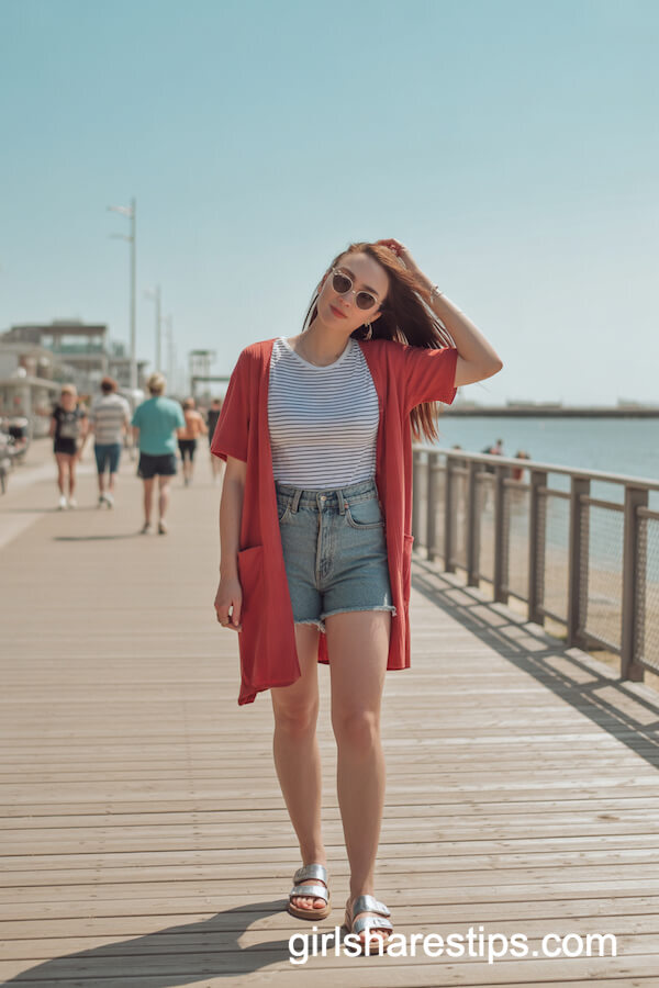 Lightweight Red Cardigan with Striped Tee and Denim Shorts