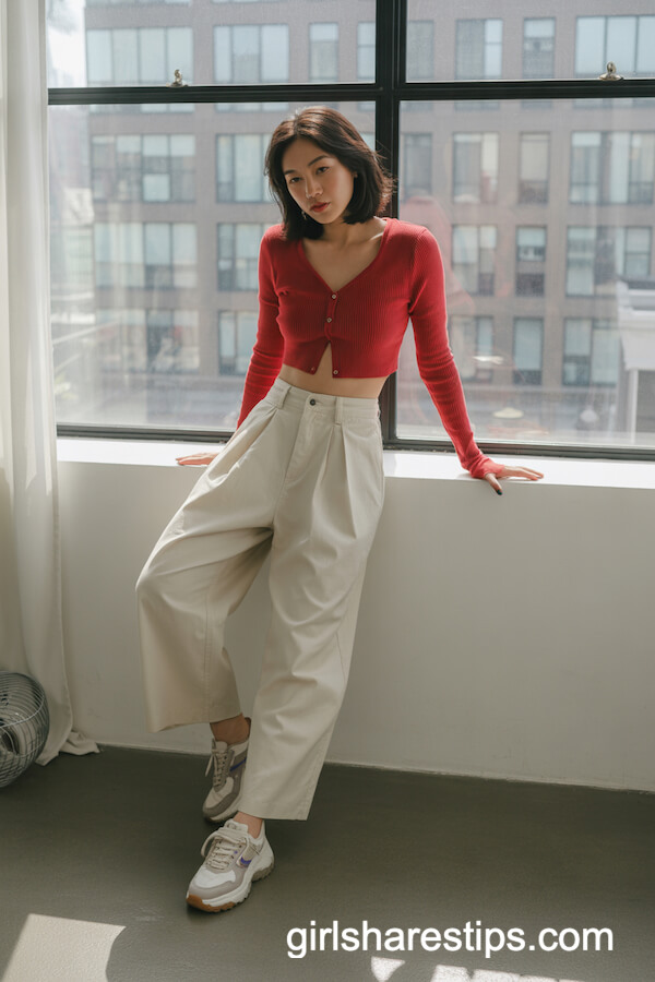 Cropped Red Cardigan with White Wide-Leg Pants