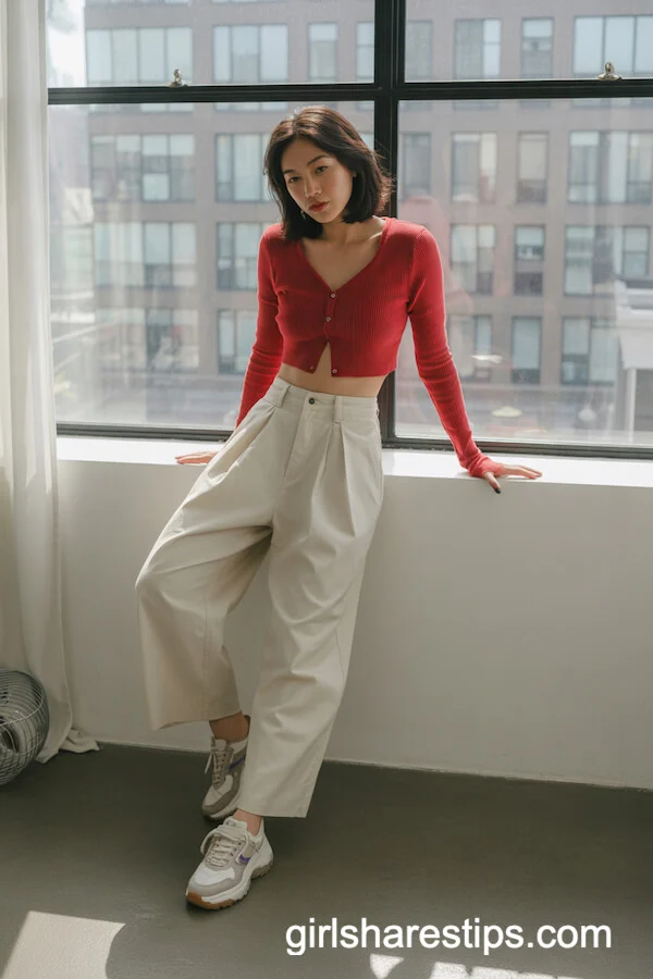Cropped Red Cardigan with White Wide-Leg Pants