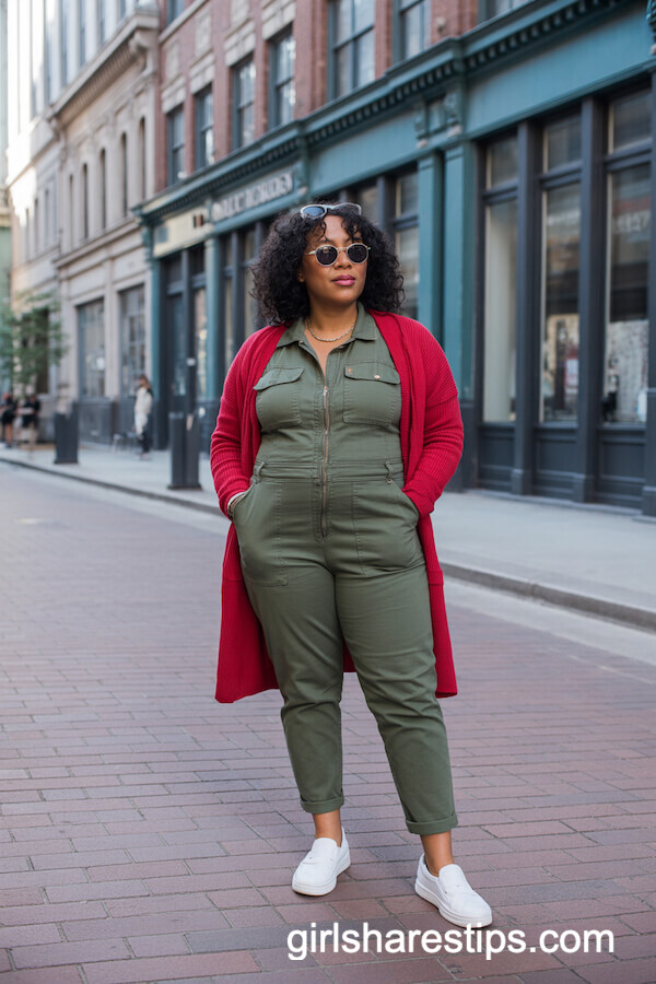 Red Cardigan Layered Over a Utility Jumpsuit